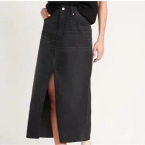 High-Waisted Black-Wash Split-Front Maxi Non-Stretch Jean Skirt